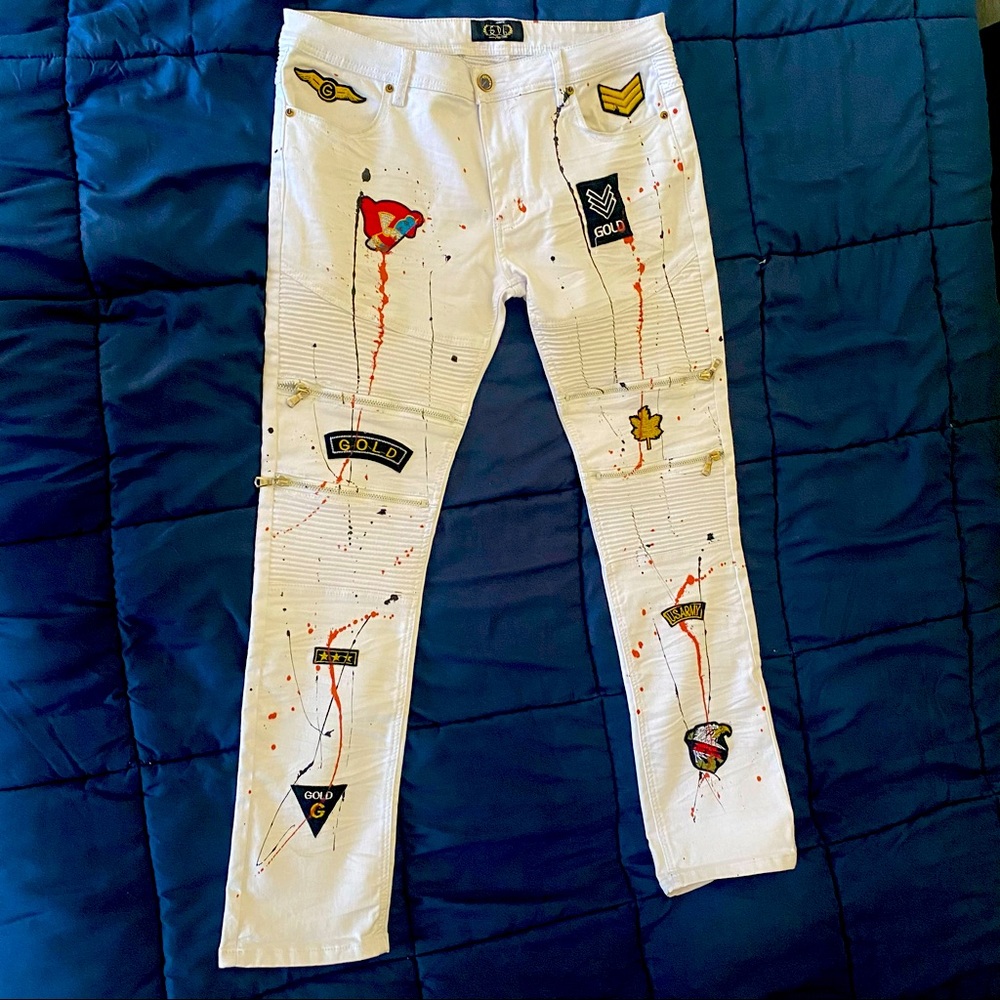 Mens GOLD LEAF moto jeans US ARMY patches 36x 32